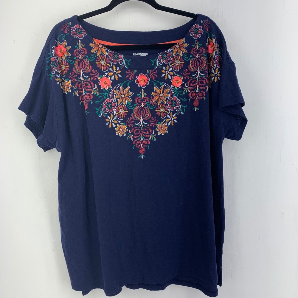Kim Rogers Womens 1X Floral Graphic T-Shirt 3D Flowers Cotton Feminine Modest